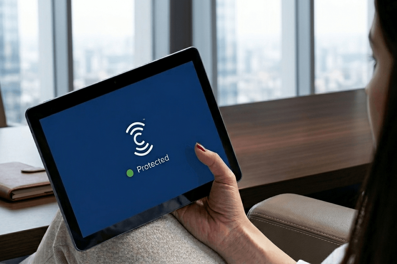 Mobile devices shows protected status of remote desktop infrastructure.