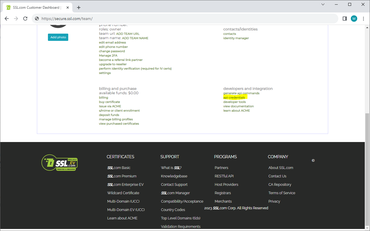 ACME SSL.com Dashboard