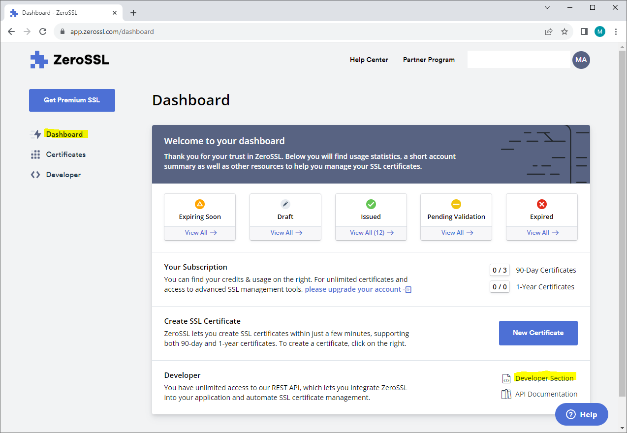 ACME ZeroSSL.com Dashboard