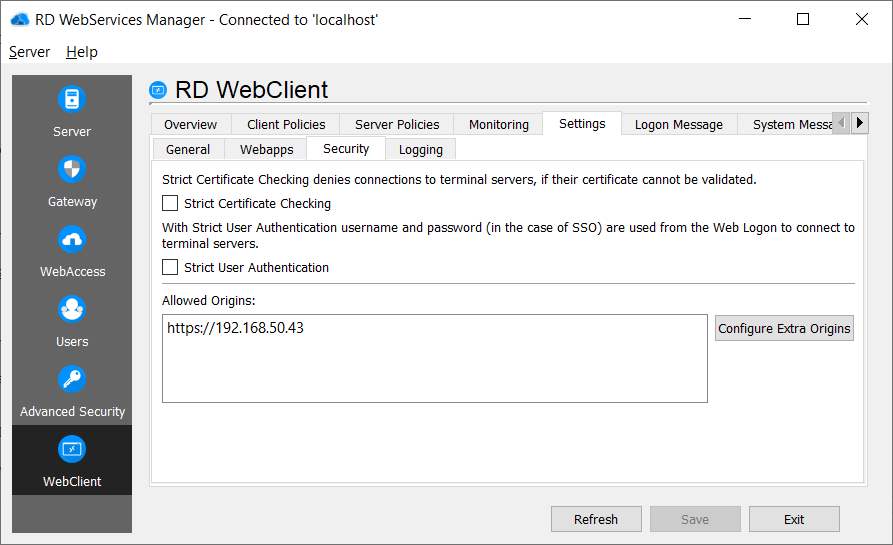 RD WebClient Security settings