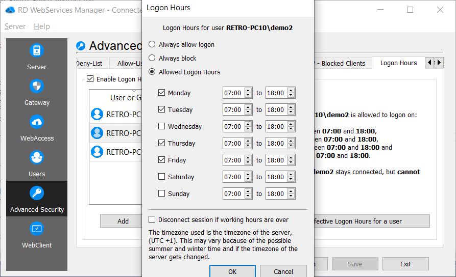 RD Advanced Security Logon Hours - User Details