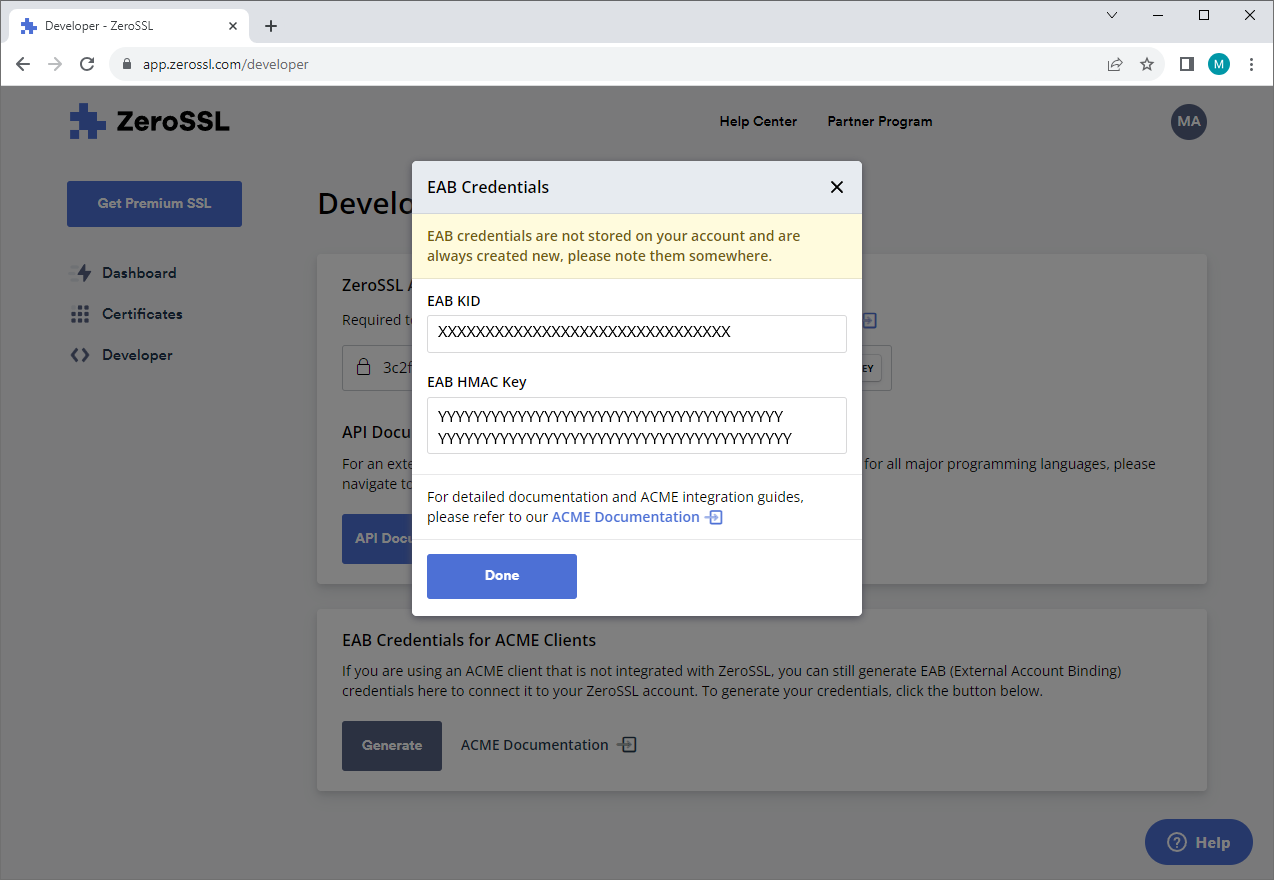 ACME ZeroSSL.com EAB for ACME