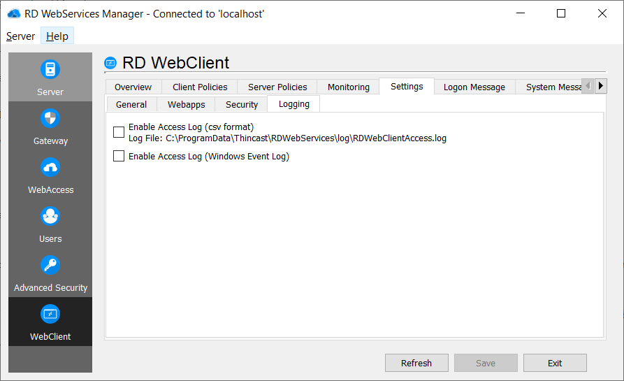 RD WebClient Logging settings