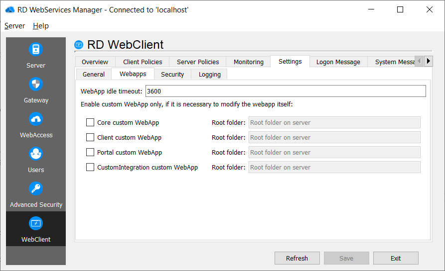 RD WebClient Webapps settings
